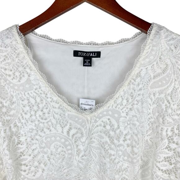 New Roz & Ali Blouse Cream Lace Overlay 3/4 Sleeve Women's 1X - Picture 2 of 6
